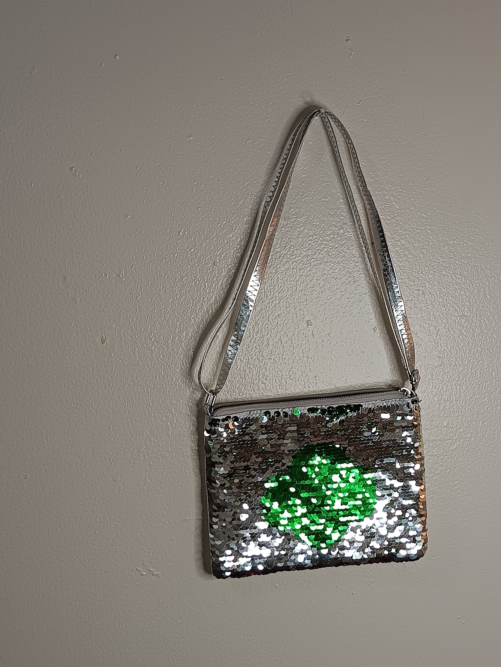 Silver Sequin Crossbody Bag with Green Accent